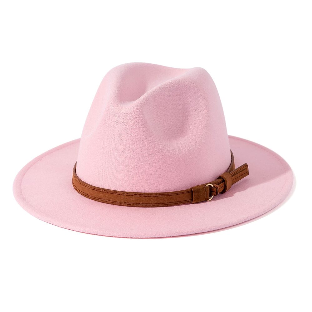4200 & Vintage Wide Brim Fedora Hat with Belt Buckle A-Pink 59-60cm